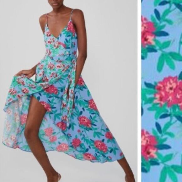NWT Zara Floral Print Dress Light Blue/Green/Red Size Small - Picture 1 of 15